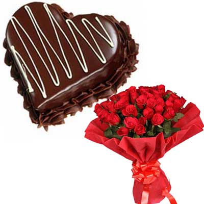 "Heart shape cake -1kg , 25 Red Roses Flower Bunch - Click here to View more details about this Product